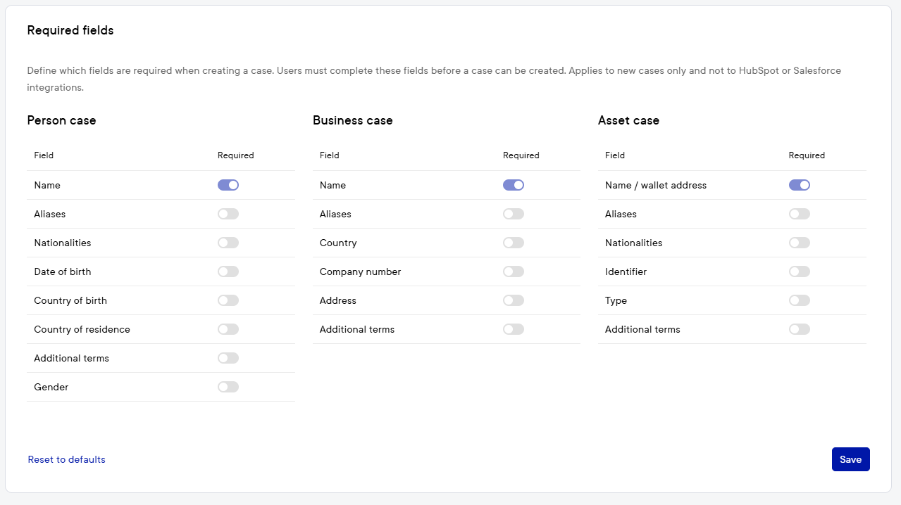 How to configure the fields required to create a case